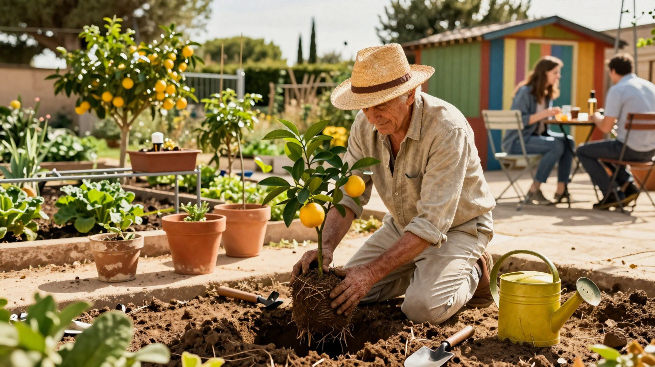 Elderly man wearing a straw hat plants a lemon tree in a garden with two people sitting at a table nearby.