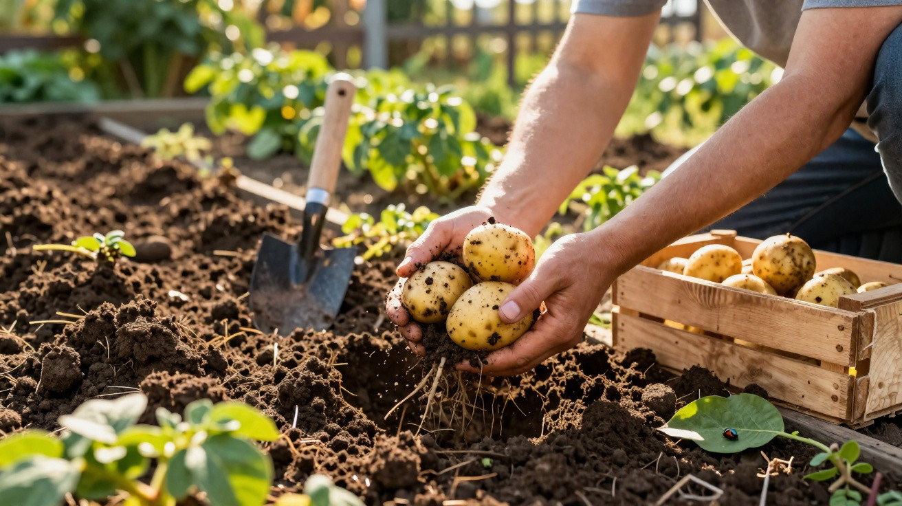 Hands harvesting freshly dug potatoes from soil next to a wooden crate and gardening spade in a garden.