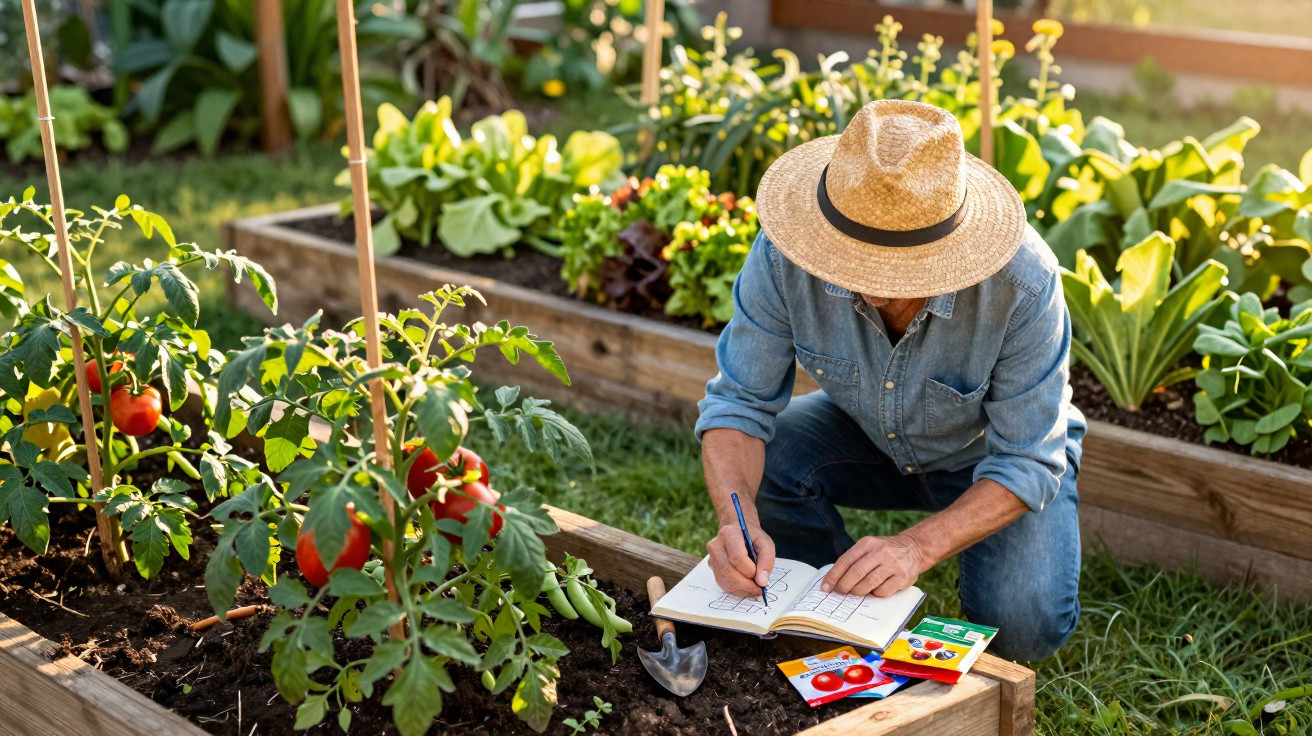 Person wearing a straw hat kneeling in a vegetable garden, writing in a notebook beside tomato plants.