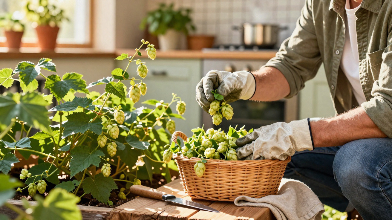 Person wearing gloves harvesting fresh green hops into a wicker basket in a bright kitchen garden.