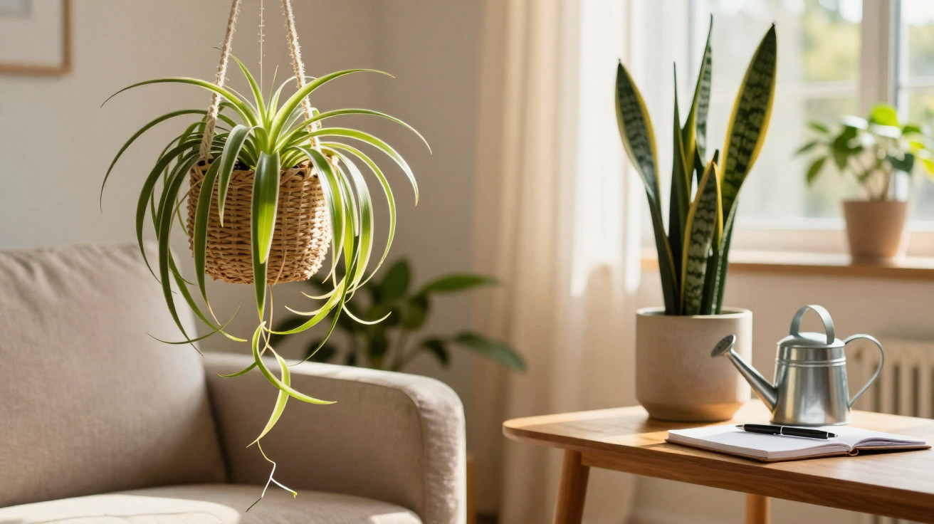 Indoor room with hanging spider plant, potted snake plant on table, watering can, and sunlight through window.