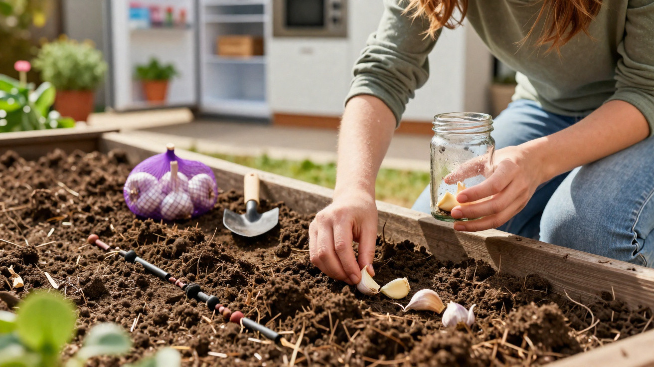 Person planting garlic cloves in soil in a raised garden bed with gardening tools nearby.