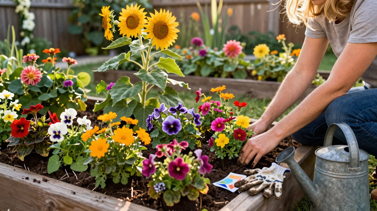 Person planting colourful flowers in a raised garden bed with a watering can and gloves nearby.