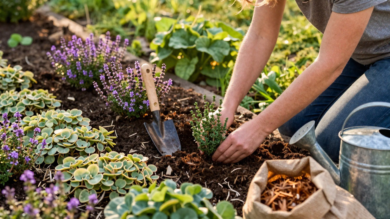 Person planting herbs in garden soil with trowel, watering can, and mulch bag nearby on sunny day.