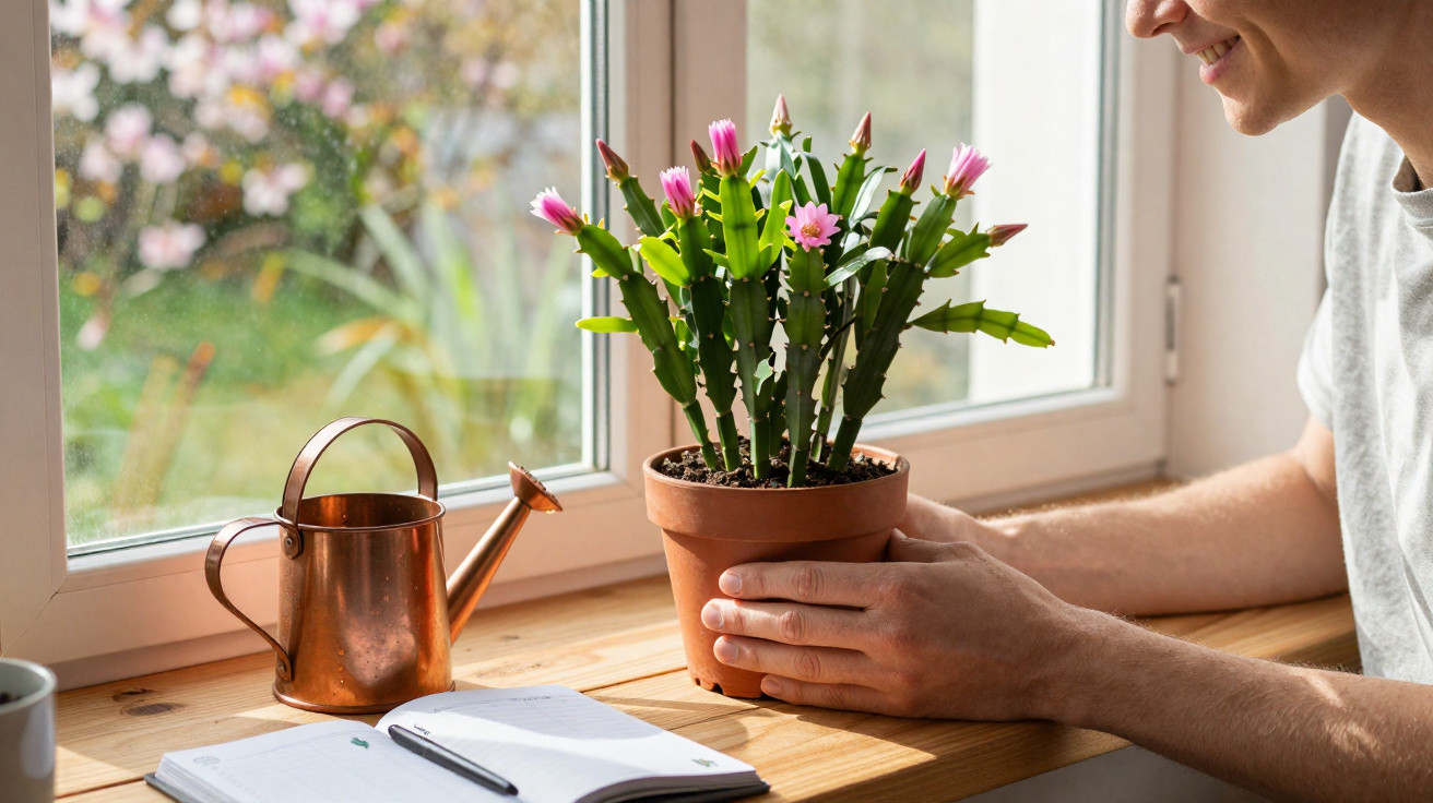 Person holding a flowering cactus in a pot on a sunny windowsill with a watering can and open notebook nearby
