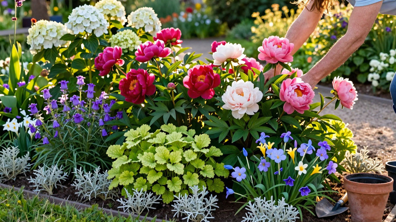 Person tending to a colourful garden bed with pink, white, purple, and yellow flowers in sunlight.