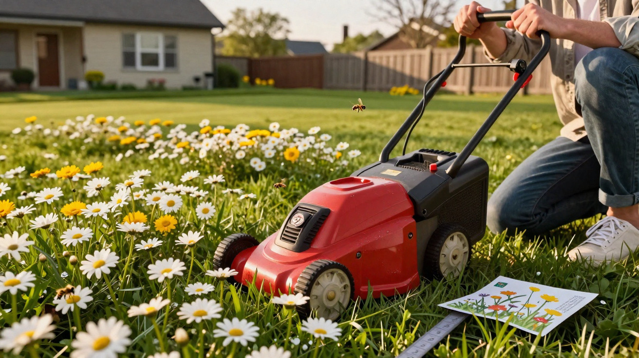 Person kneeling next to a red lawn mower on a grassy lawn with daisies and a bee hovering nearby