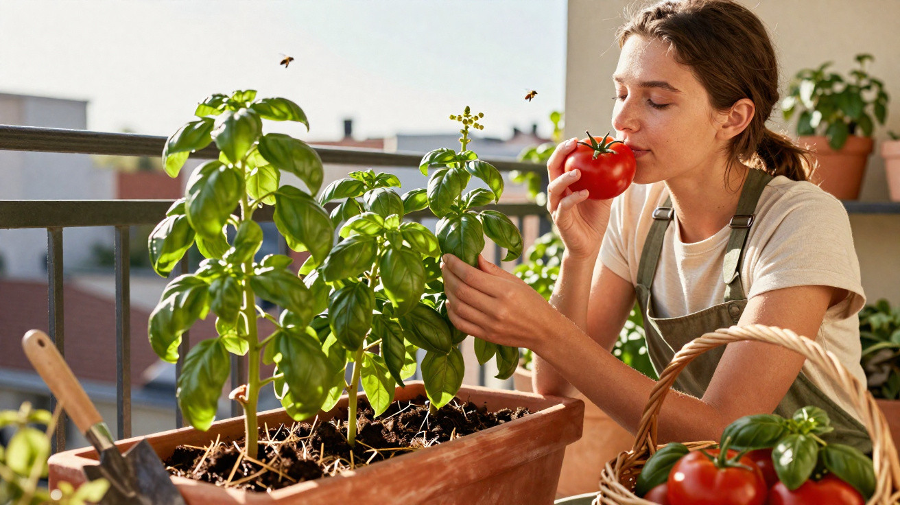 Woman smelling a ripe tomato while tending to basil plants on a sunny balcony garden.