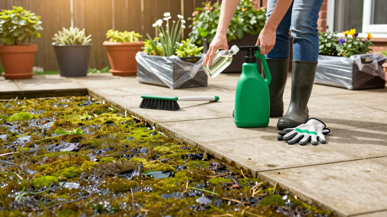 Person in boots pouring liquid from bottle into green spray on patio near mossy pond and gardening gloves.