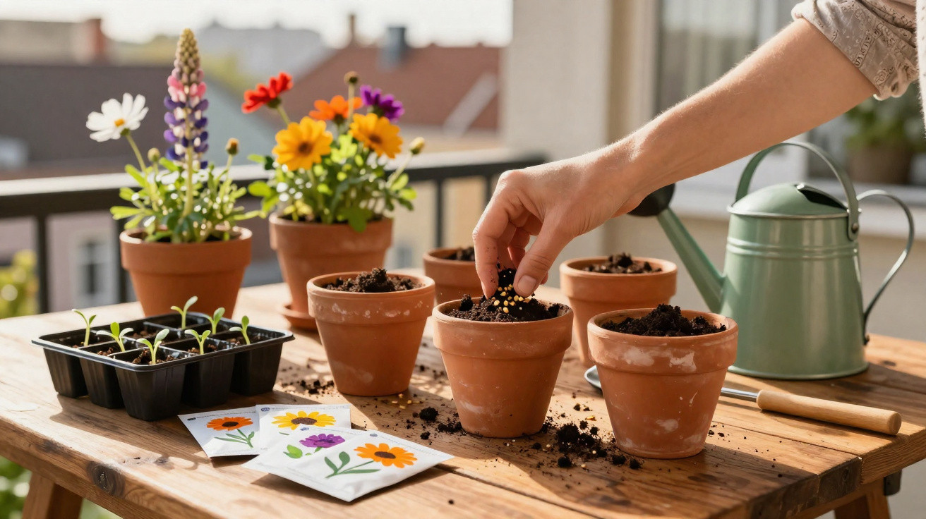 Hand planting seeds in terracotta pots on a wooden table with flowers, seed packets, and a watering can nearby.