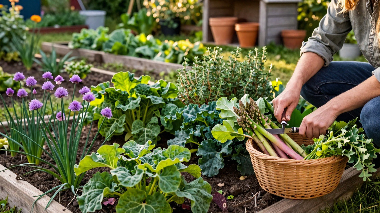 Person harvesting fresh asparagus and herbs in a vibrant raised garden bed on a sunny day
