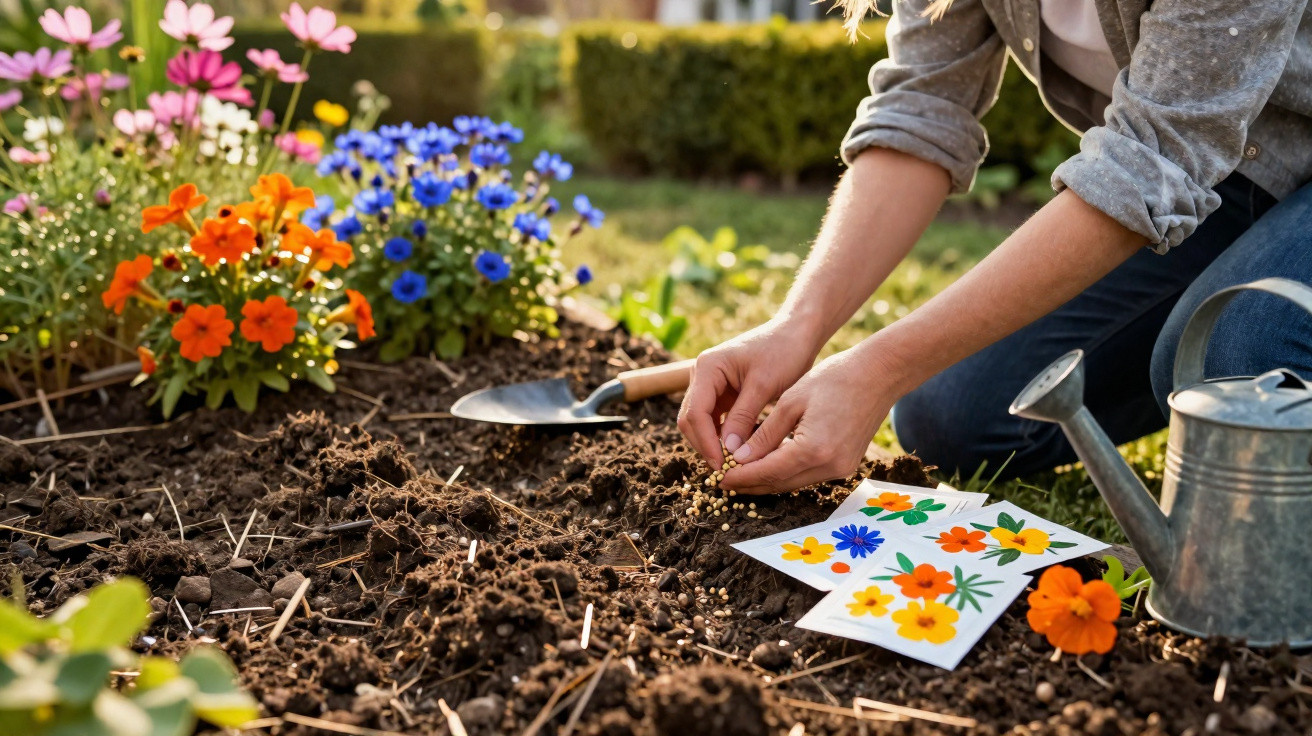 Person planting seeds in a garden bed with colourful flowers, packets, a watering can, and a small trowel nearby.