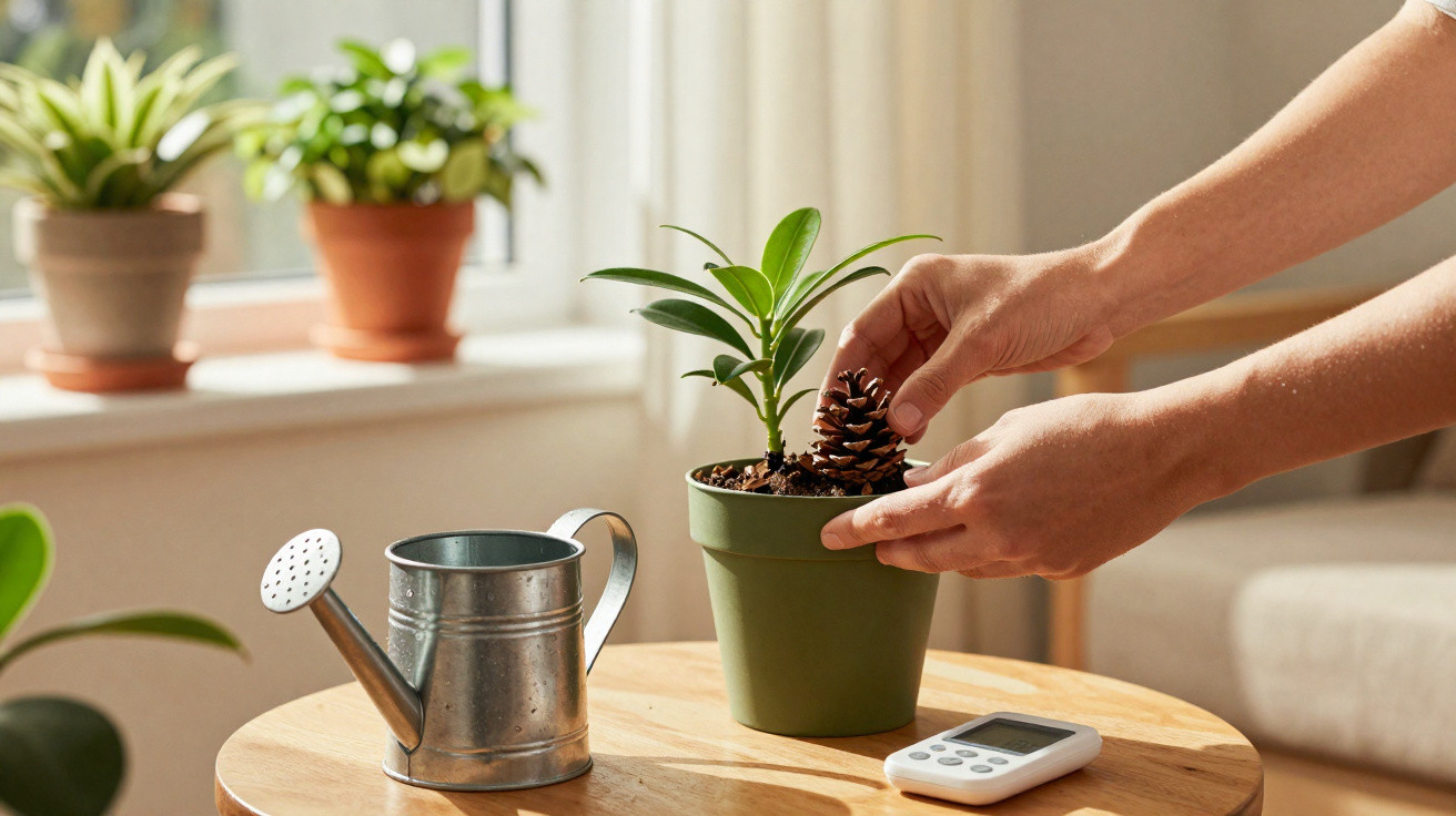 Person placing a pinecone in a green potted plant on a wooden table with watering can and digital timer.