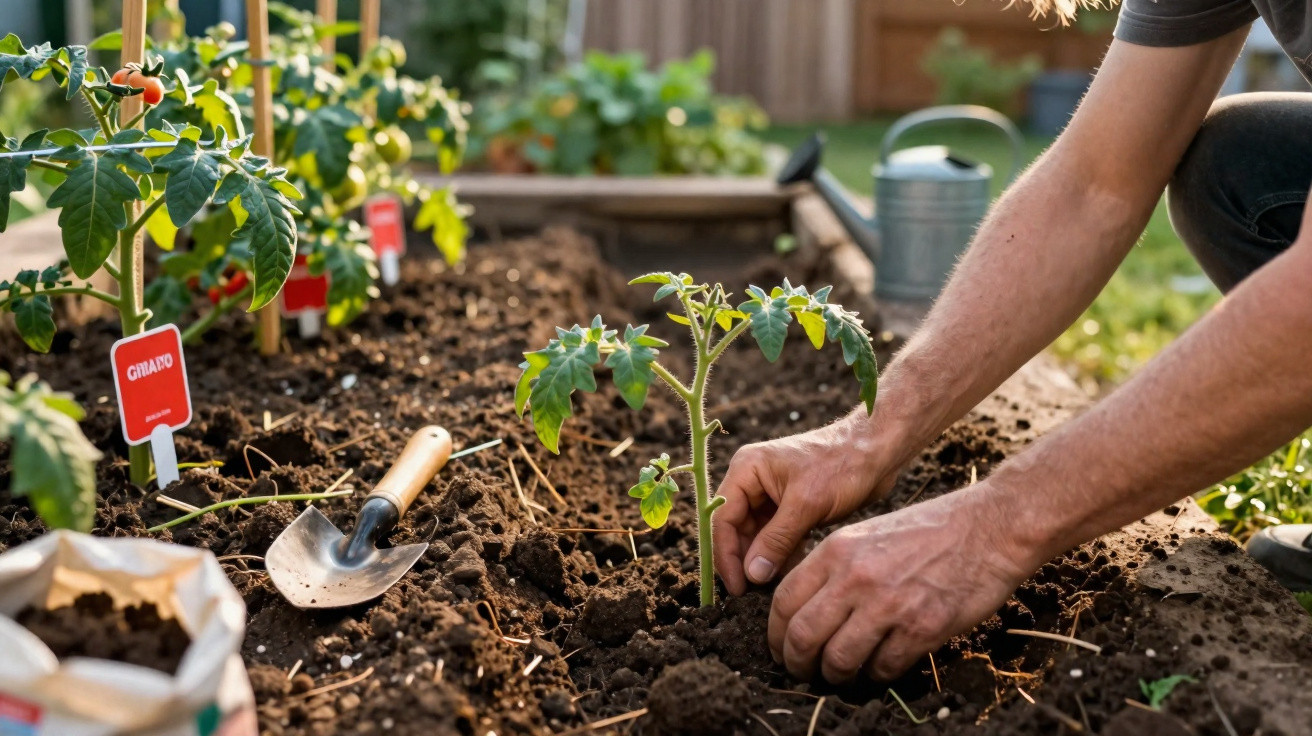 Person planting a young tomato seedling in a garden bed with labelled plants and gardening tools nearby.