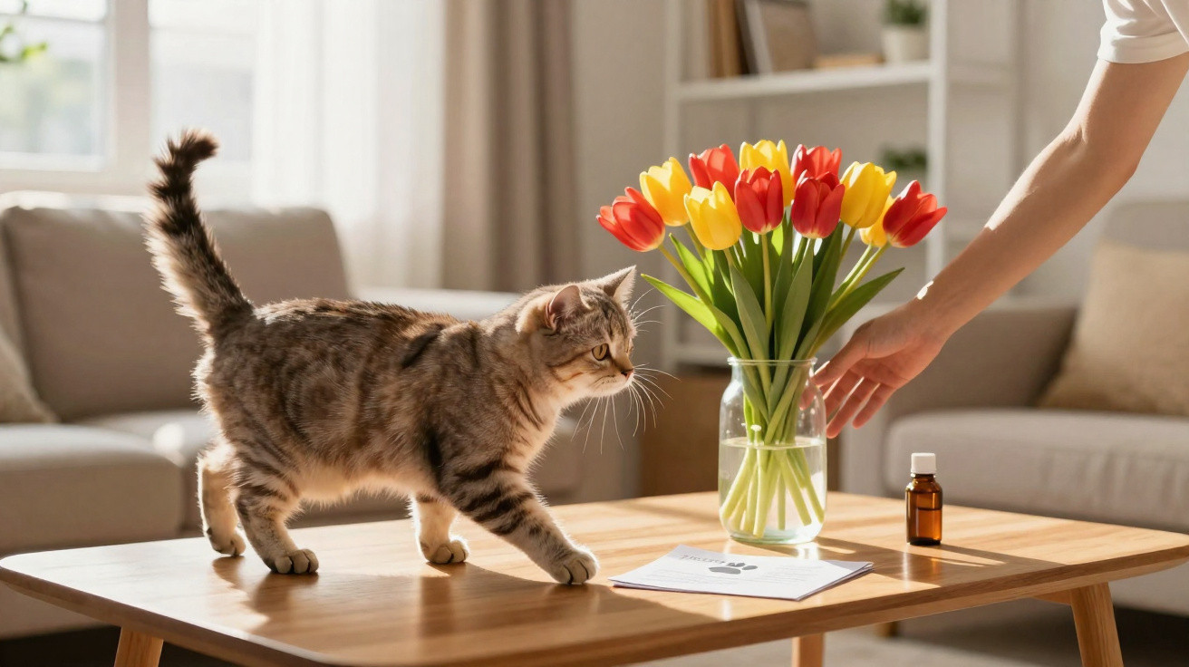 Tabby cat walking on a wooden table near a vase of red and yellow tulips and a person's hand reaching towards it.