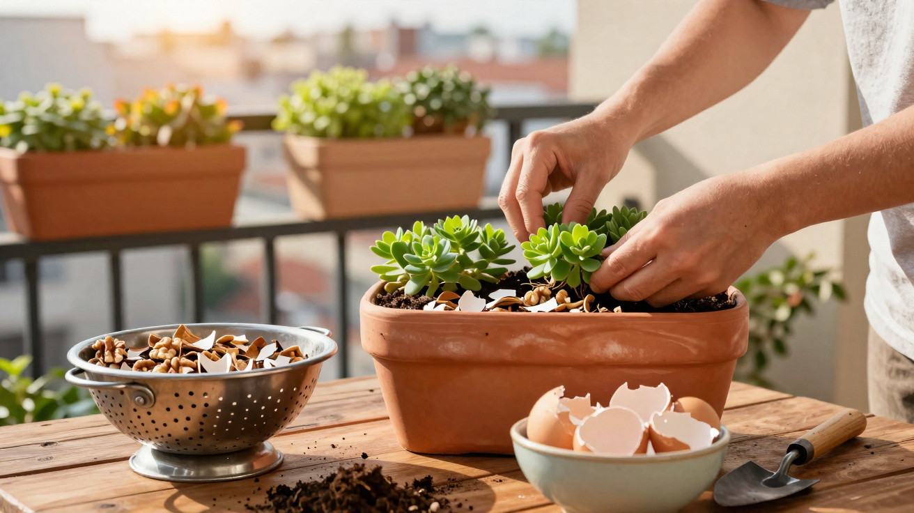 Person planting green succulents in terracotta pot with egg shells and soil on wooden table outdoors.
