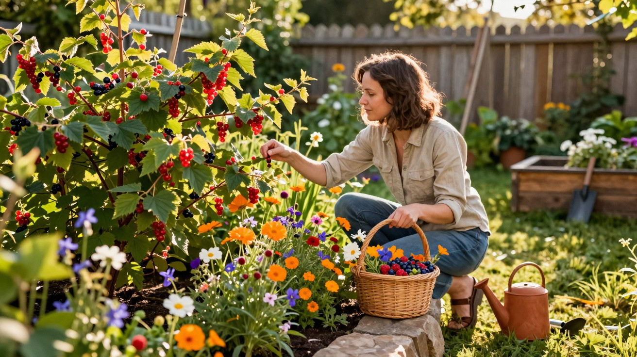 Woman picking red currants in a vibrant garden with colourful flowers and a basket of berries beside her.