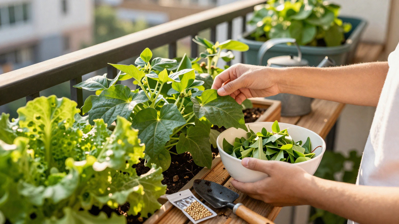 Person harvesting fresh leafy greens from a balcony garden into a white bowl on a sunny day.