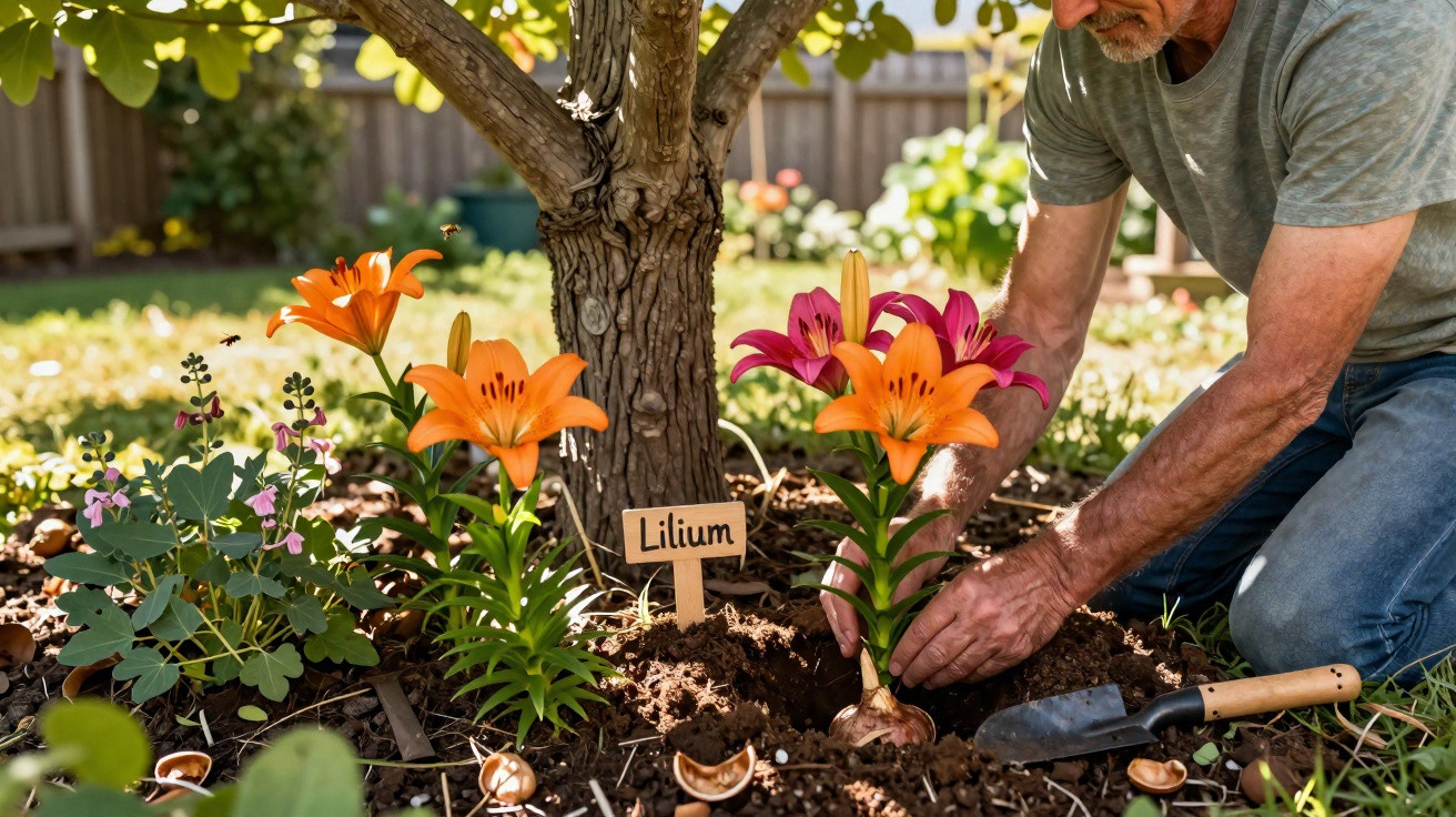 Man planting orange and pink lilies in a garden bed labelled "Lilium" under a tree on a sunny day.
