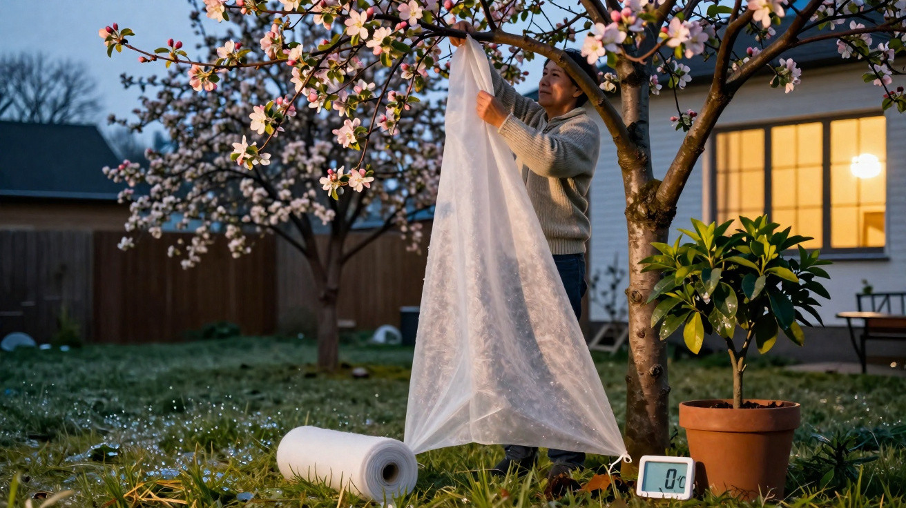 Person covering a blossoming tree with protective fabric in a garden at dusk
