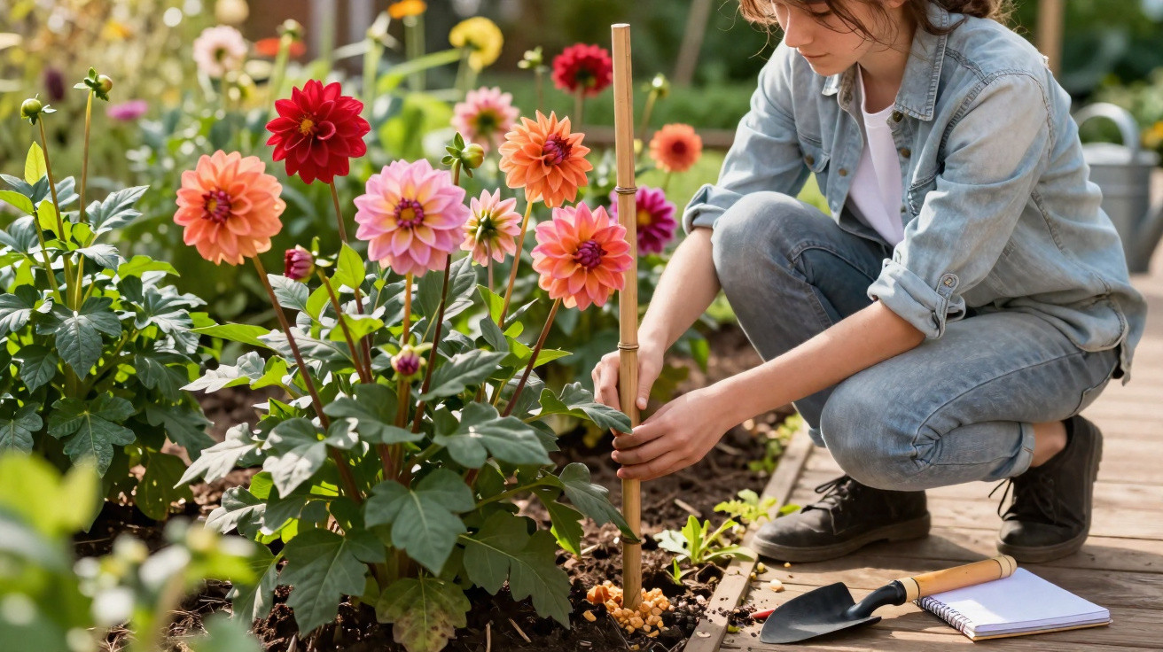 Person in denim clothing tending colourful dahlia flowers in a garden bed with gardening tools nearby.