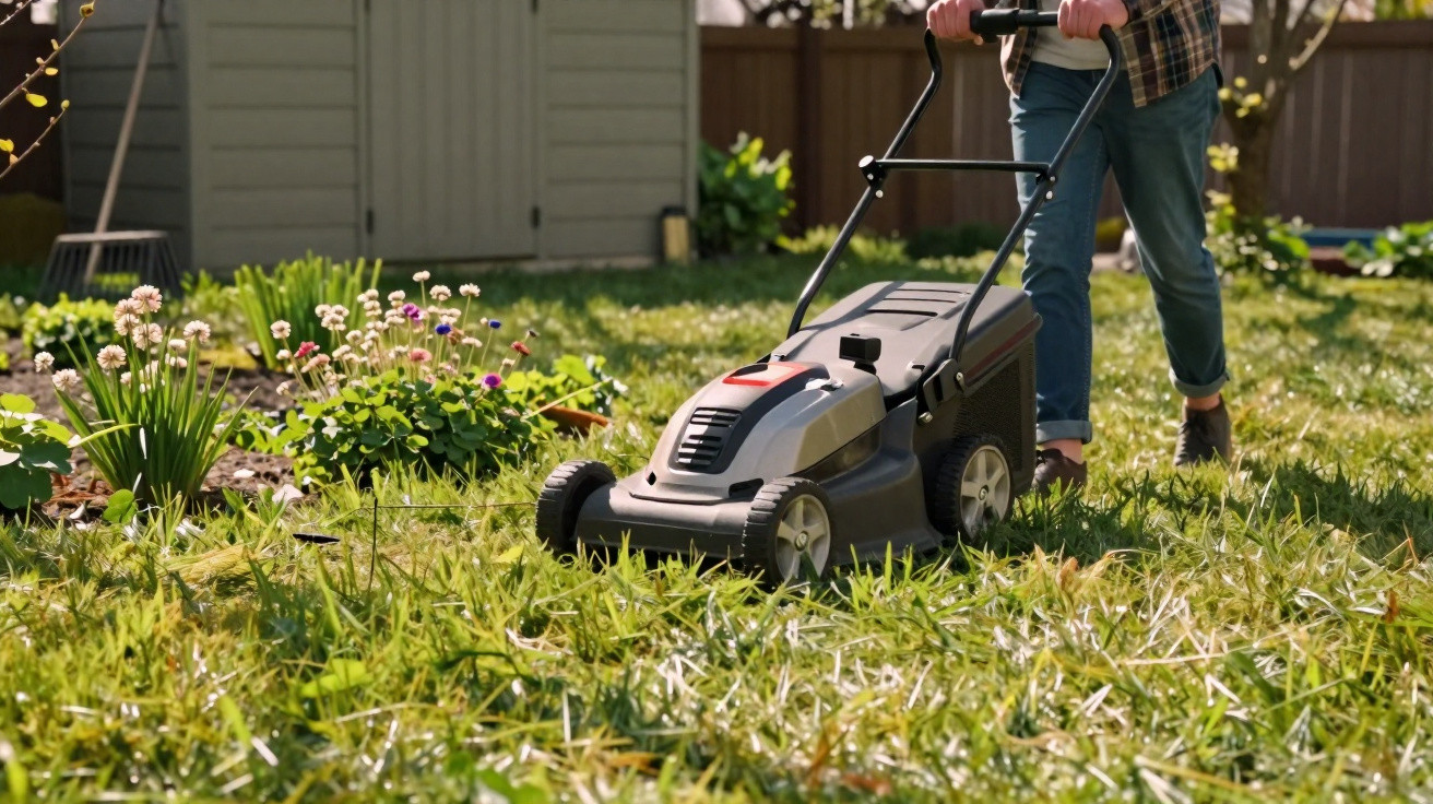 Person mowing a grassy lawn with a black and grey electric lawnmower near a flowerbed.