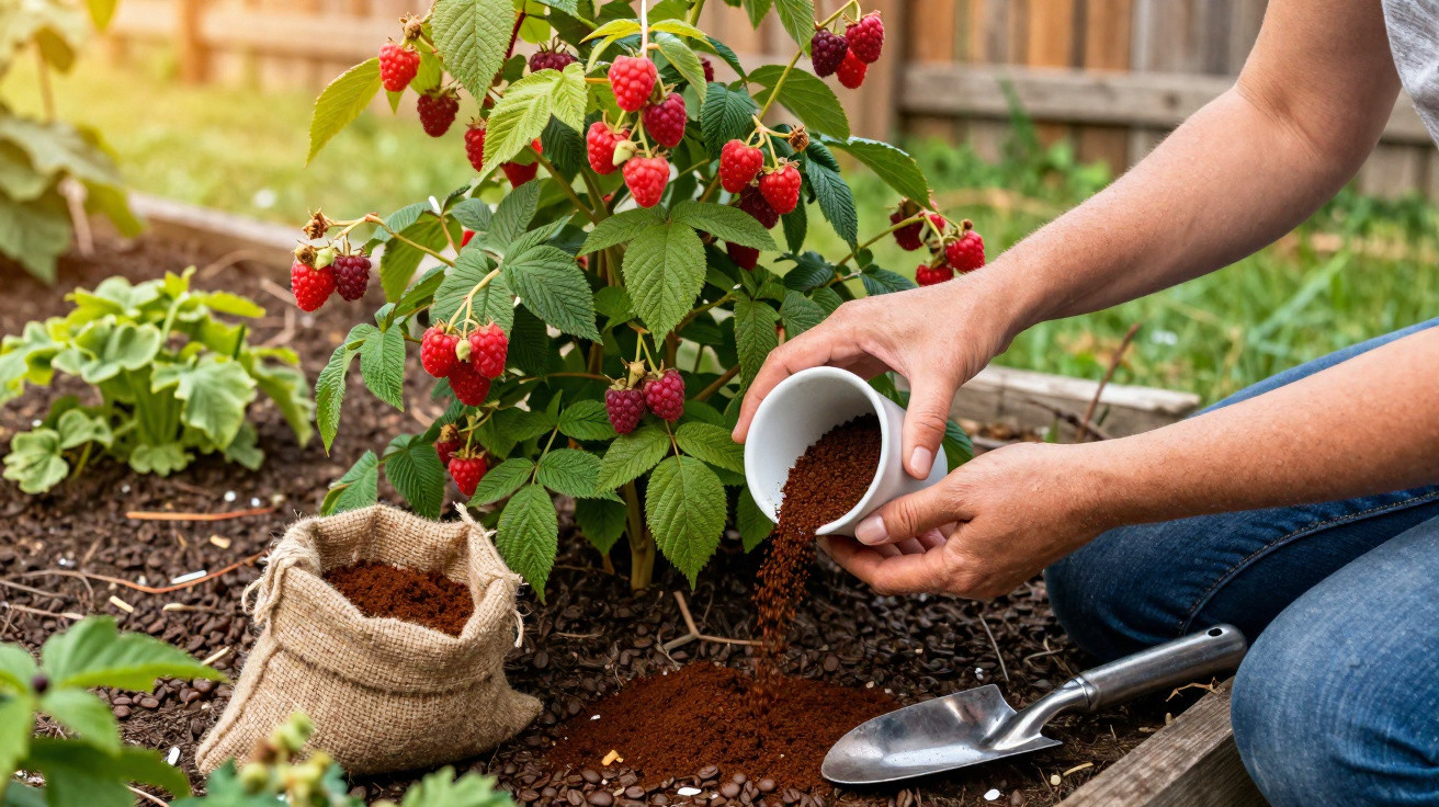 Person sprinkling coffee grounds around a raspberry plant in a garden bed with a small gardening trowel nearby.