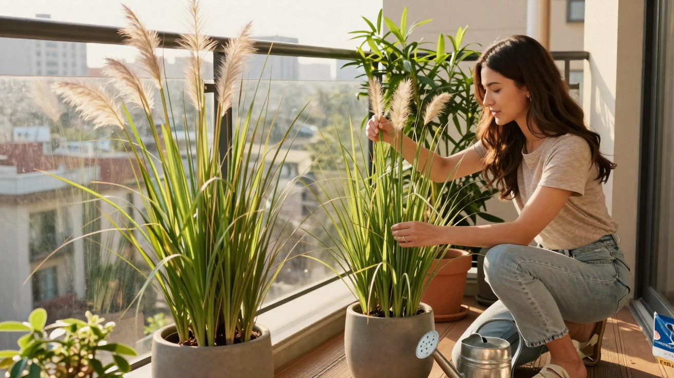 Young woman tending to tall grass plants on a sunny balcony with city views in the background