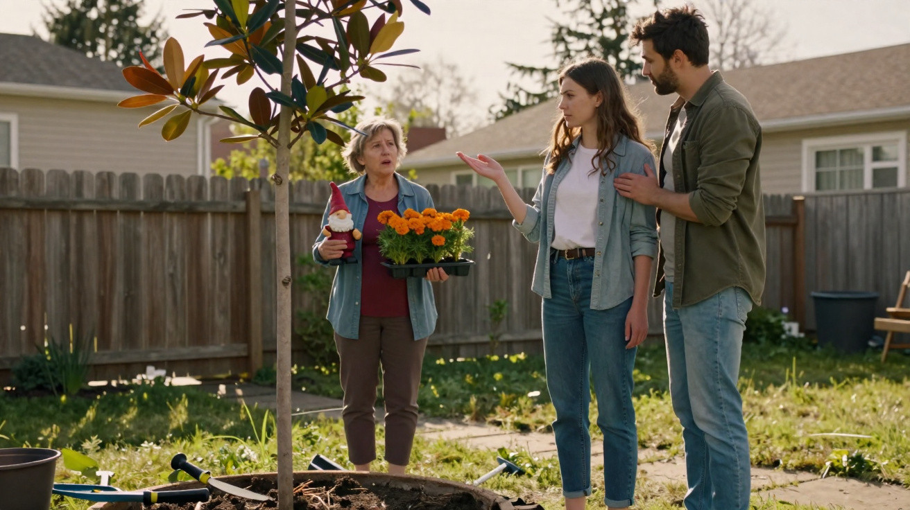 A young couple and an older woman with gardening supplies standing in a backyard garden.