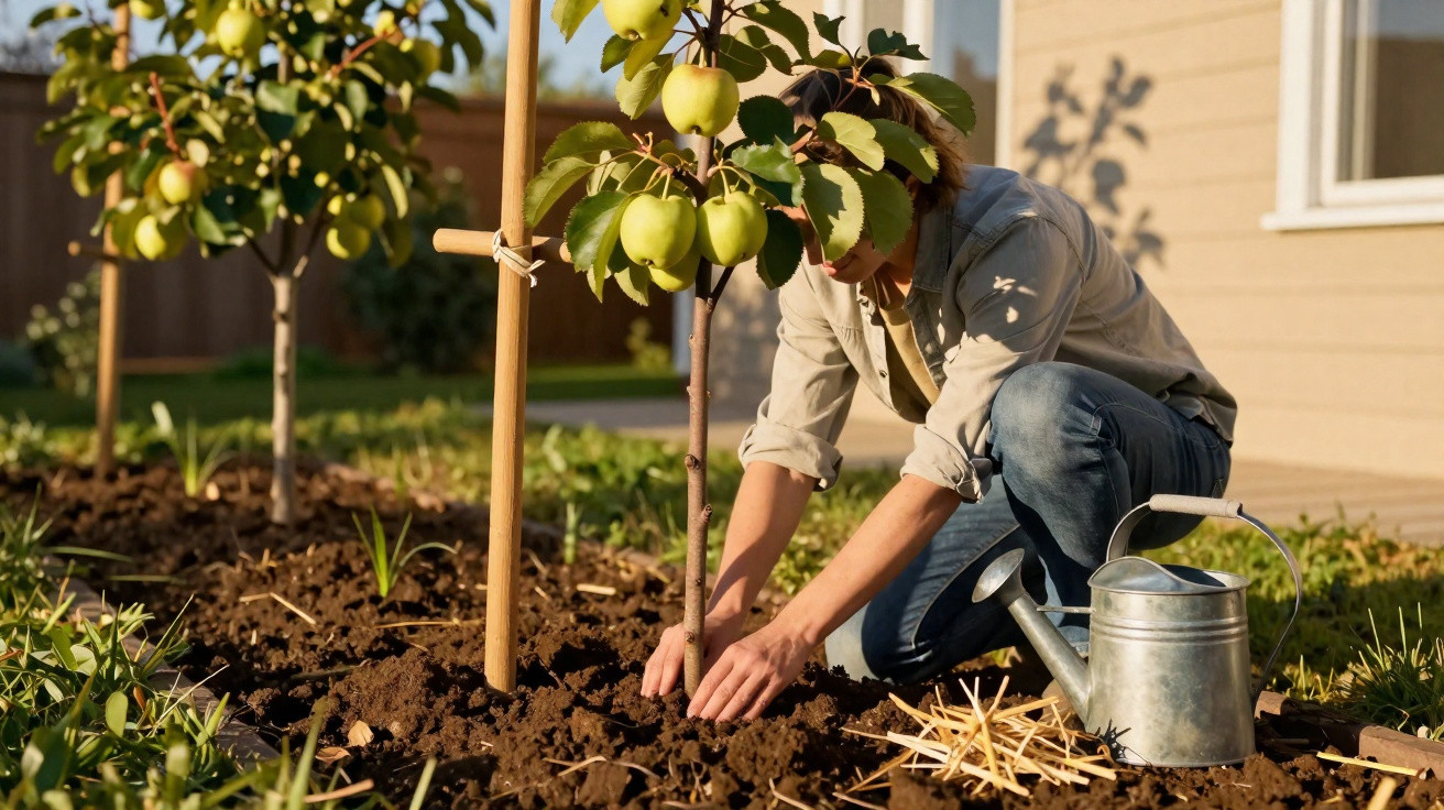 Person planting a young apple tree in a garden with a watering can nearby in the sunlight.