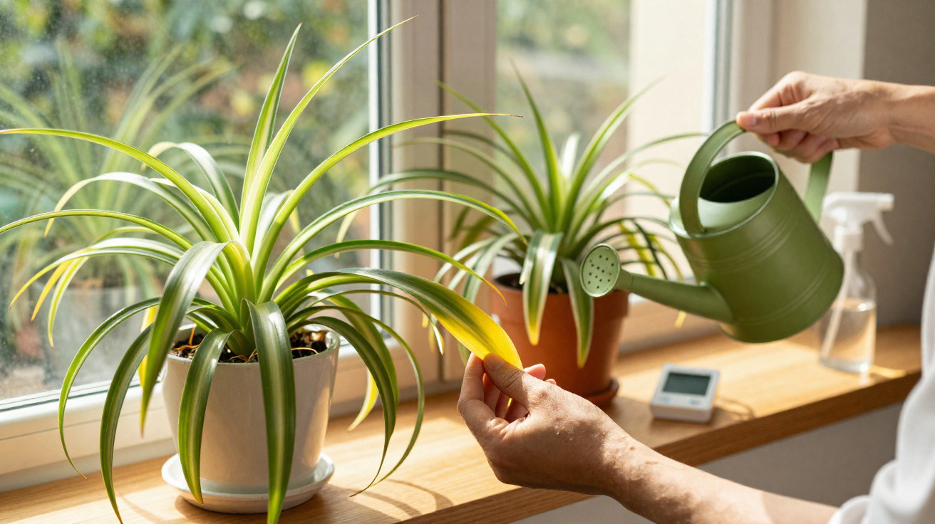 Person watering a spider plant with a green watering can on a wooden windowsill.