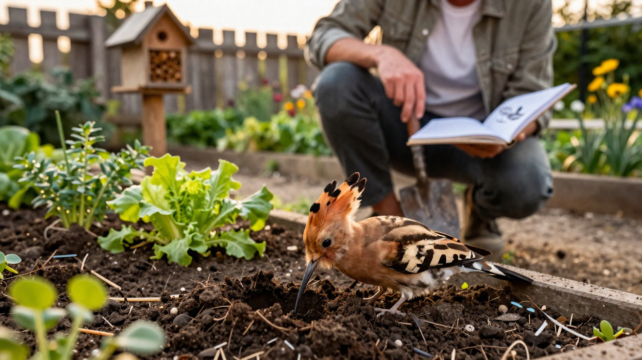 Hoopoe bird digging in soil in a garden with a person holding a book in the background.