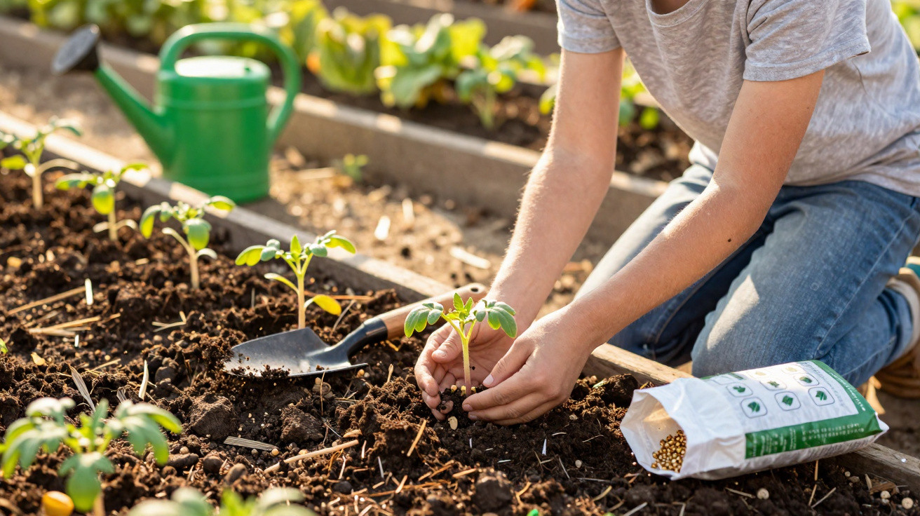 Person planting young seedlings in a raised garden bed with soil, a small trowel, and seed packet nearby.