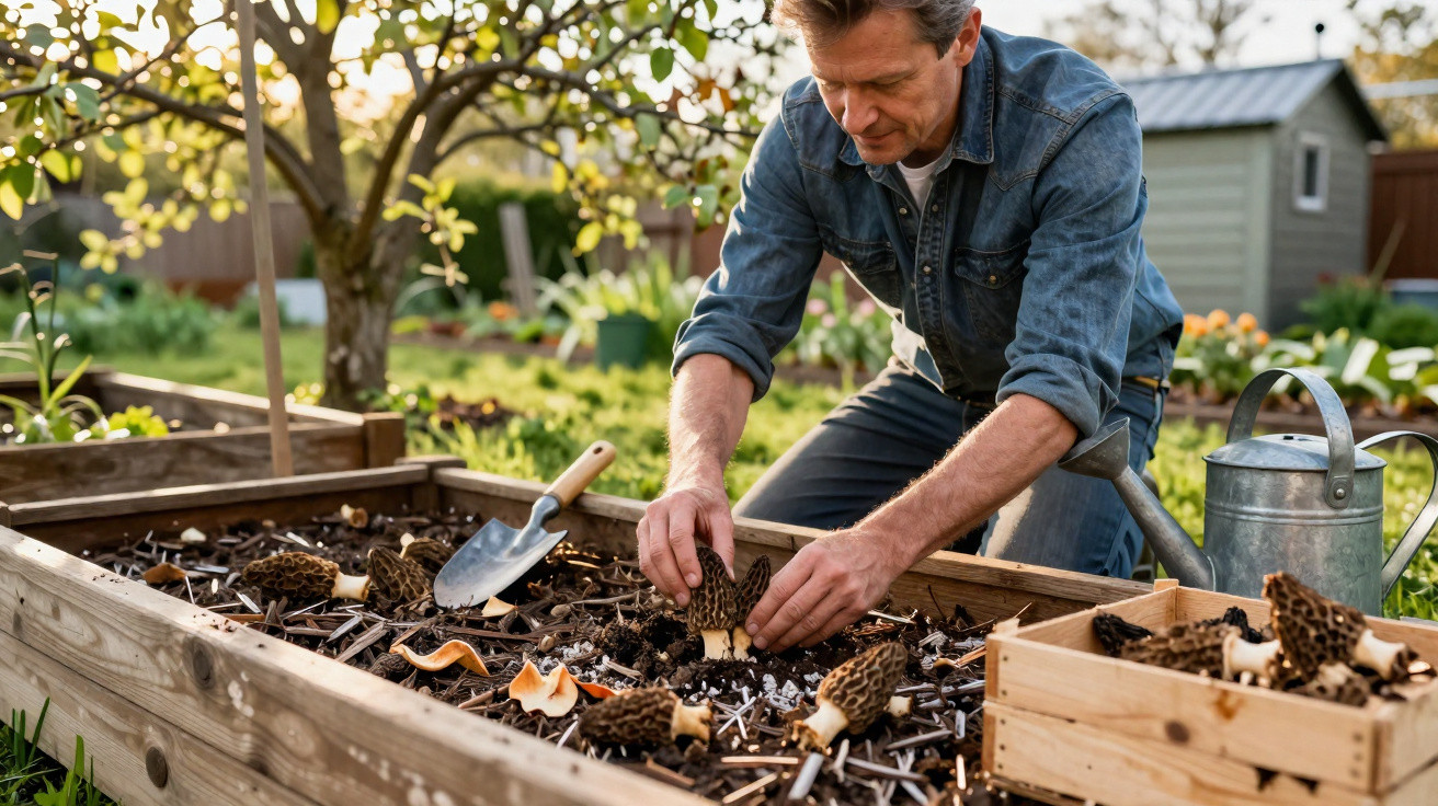 Man harvesting morel mushrooms in a wooden garden bed with gardening tools and watering can nearby outdoors.