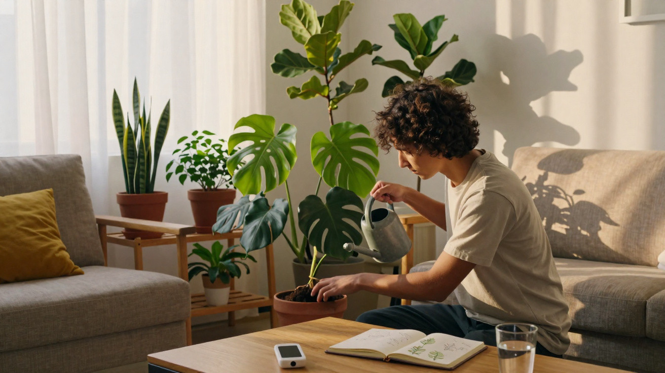 Person watering houseplants in a sunlit living room with notebooks and glass of water on the table.