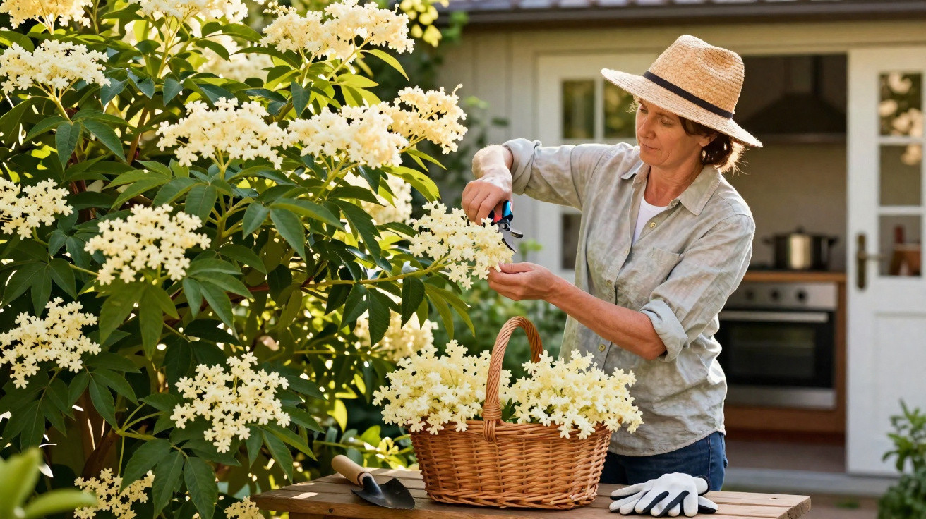 Woman wearing a straw hat cutting white flowers from a large shrub into a wicker basket outside a house kitchen door.
