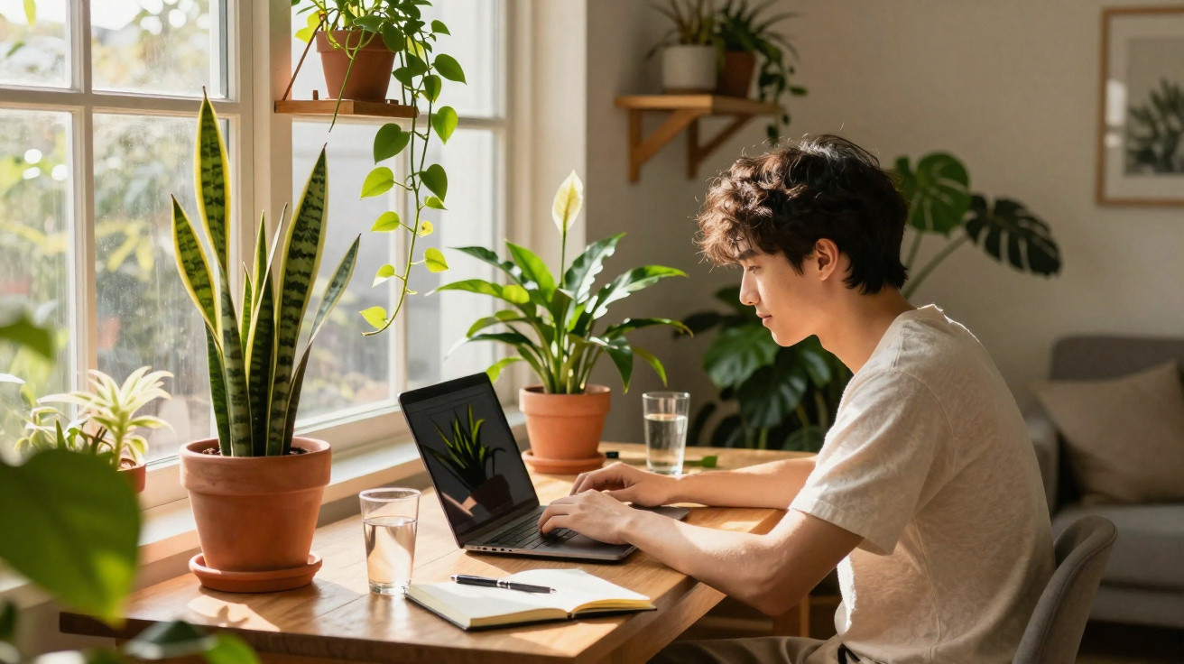 Young man typing on laptop at wooden desk surrounded by green plants near a bright window.