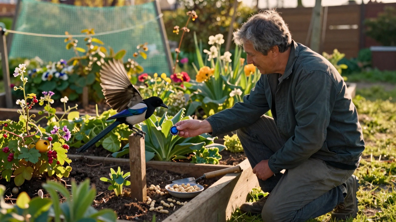 Man feeding a magpie with a garden in the background on a sunny day.