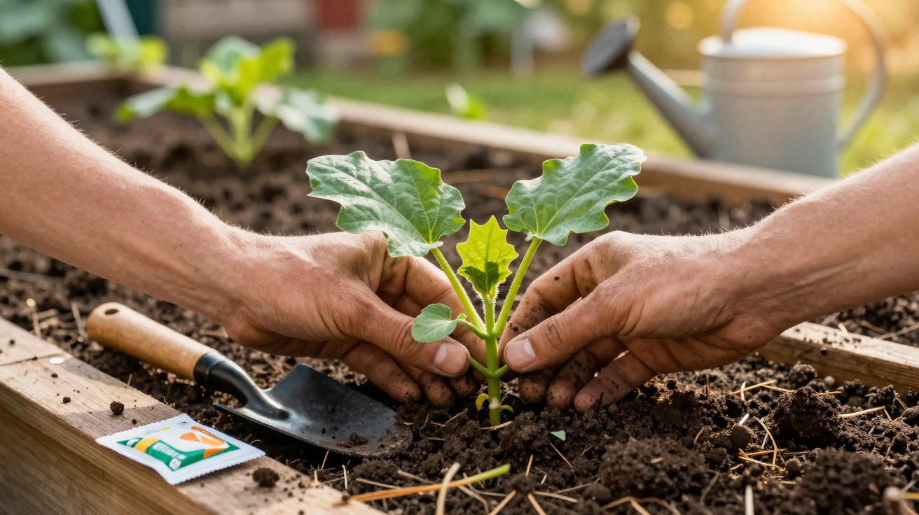 Hands planting a young vegetable seedling in a raised garden bed with gardening tools nearby.