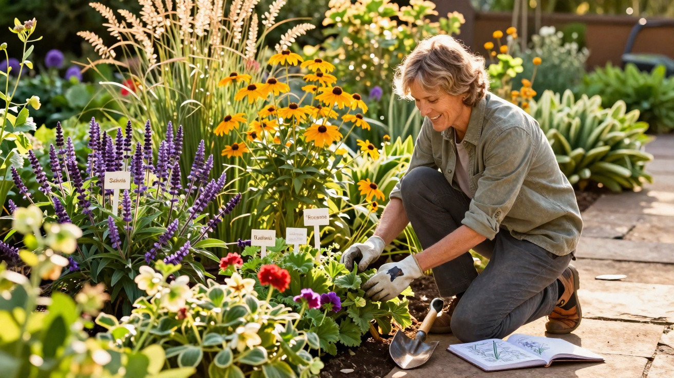 Person gardening colourful labelled plants in a sunny flower bed with gardening gloves and a notebook nearby.
