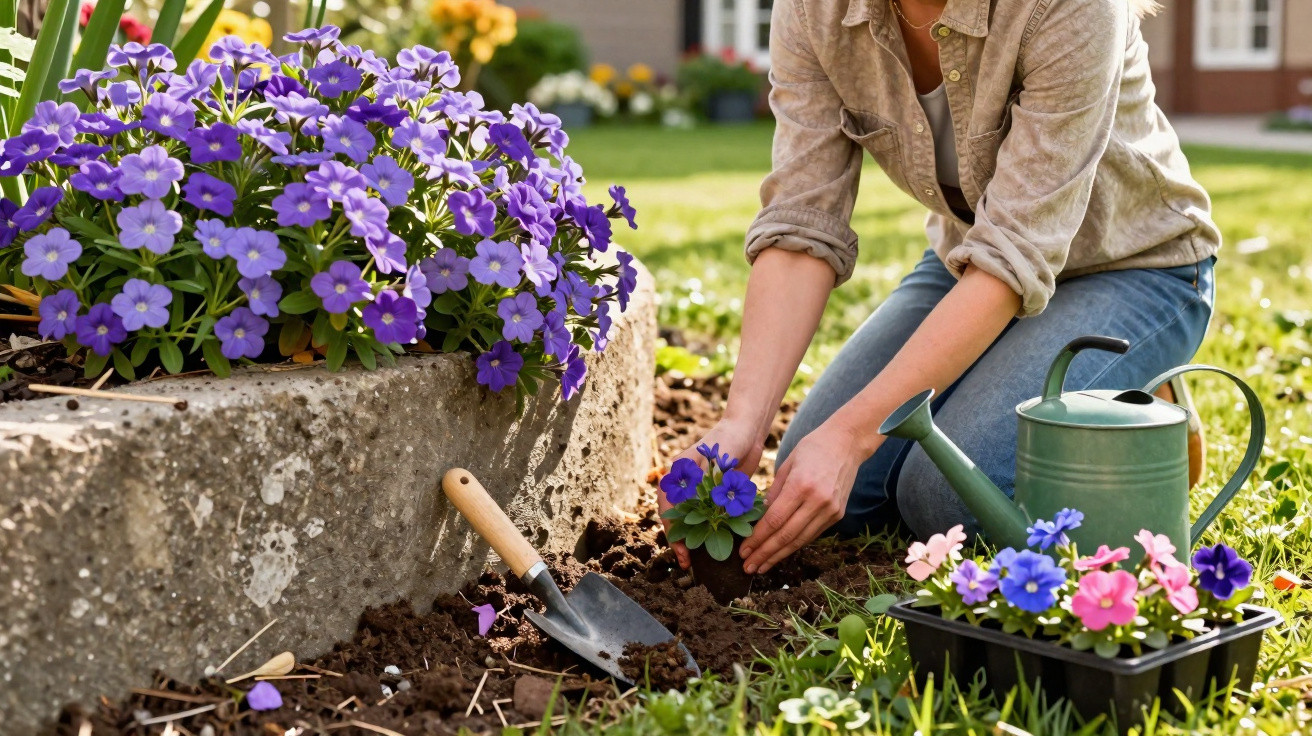 Person kneeling to plant purple flowers in a garden bed with a watering can and trowel nearby.