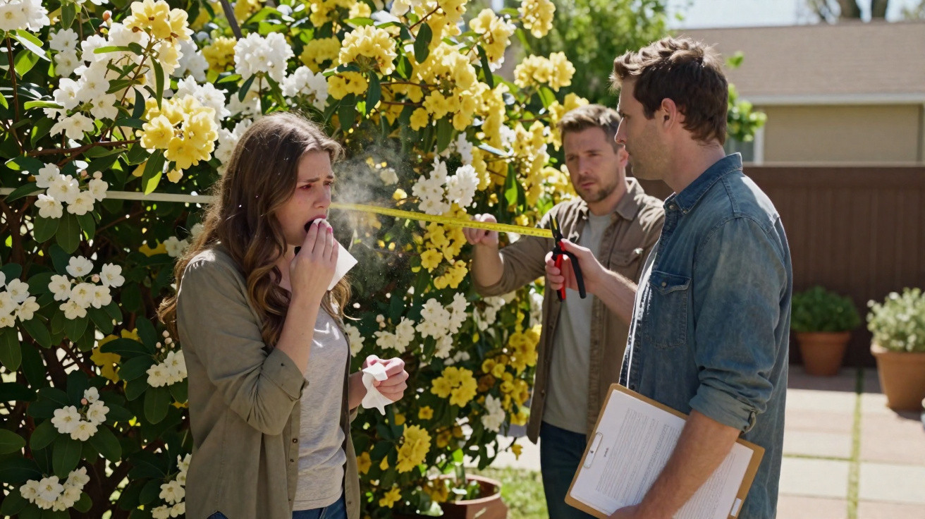 Woman with allergy symptoms near flowering bush while two men measure and take notes in sunny garden.