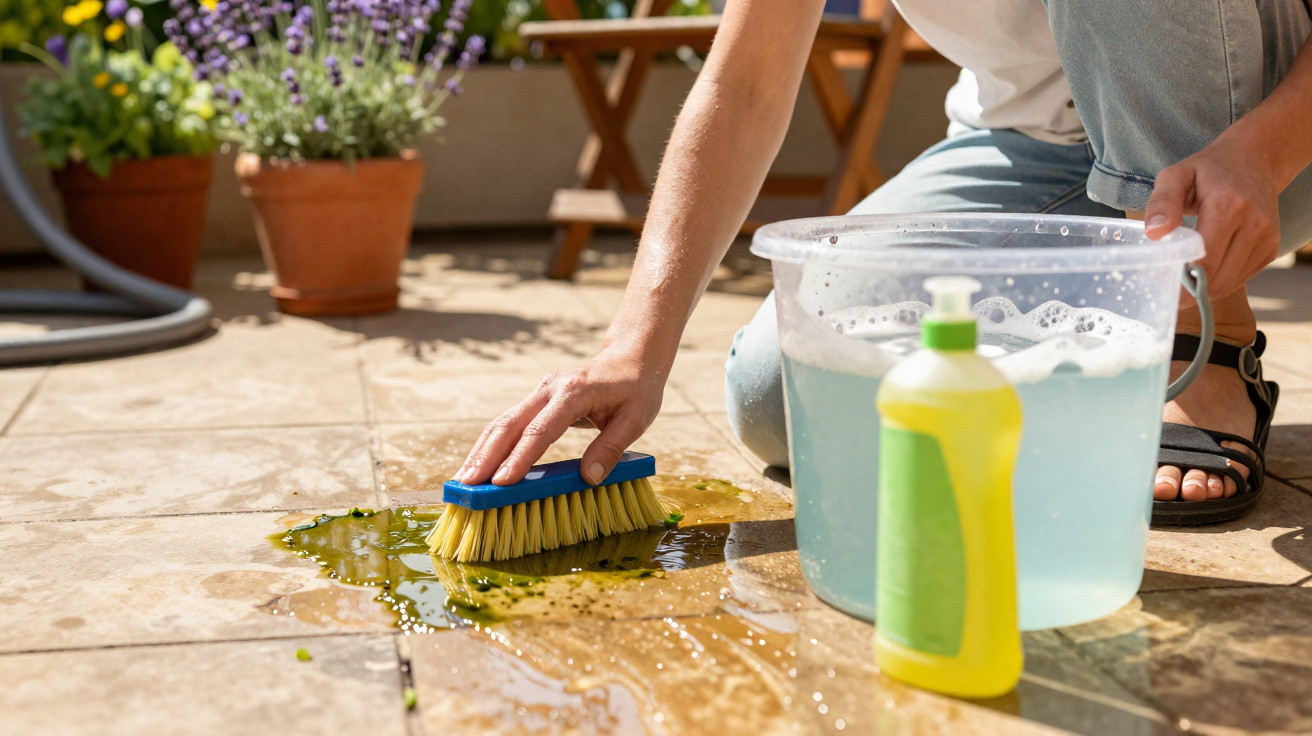 Person scrubbing outdoor tile patio with brush, bucket of soapy water, and yellow dish soap bottle nearby.