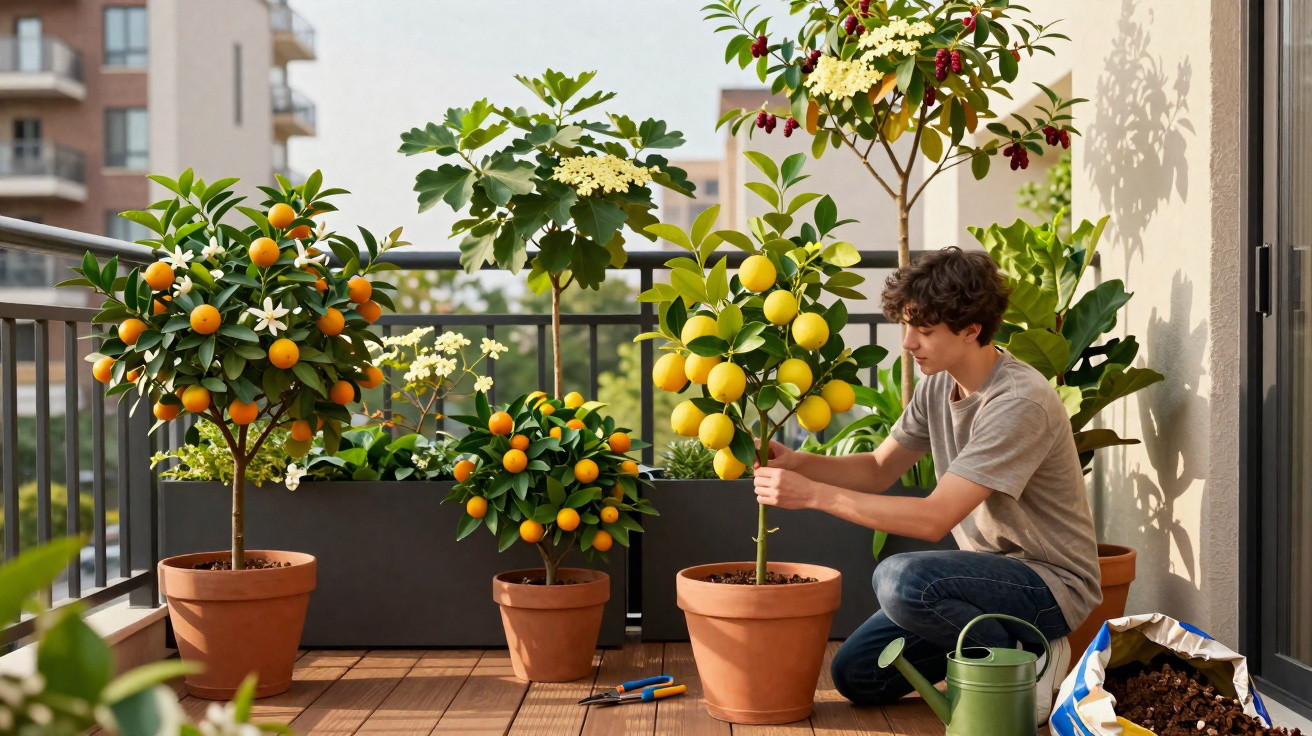 Young person tending to potted citrus plants on a balcony with gardening tools and watering can nearby.
