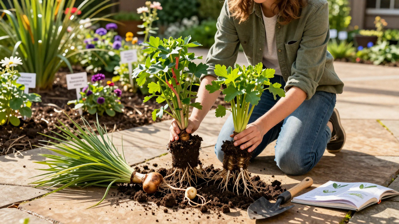 Person kneeling outdoors planting root vegetables with gardening tools and guidebook nearby in sunny garden.