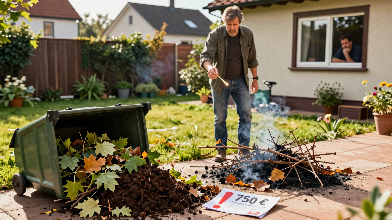 Man tending a small fire with sticks and leaves in a backyard, with a toppled bin and a 750 euro notice nearby.