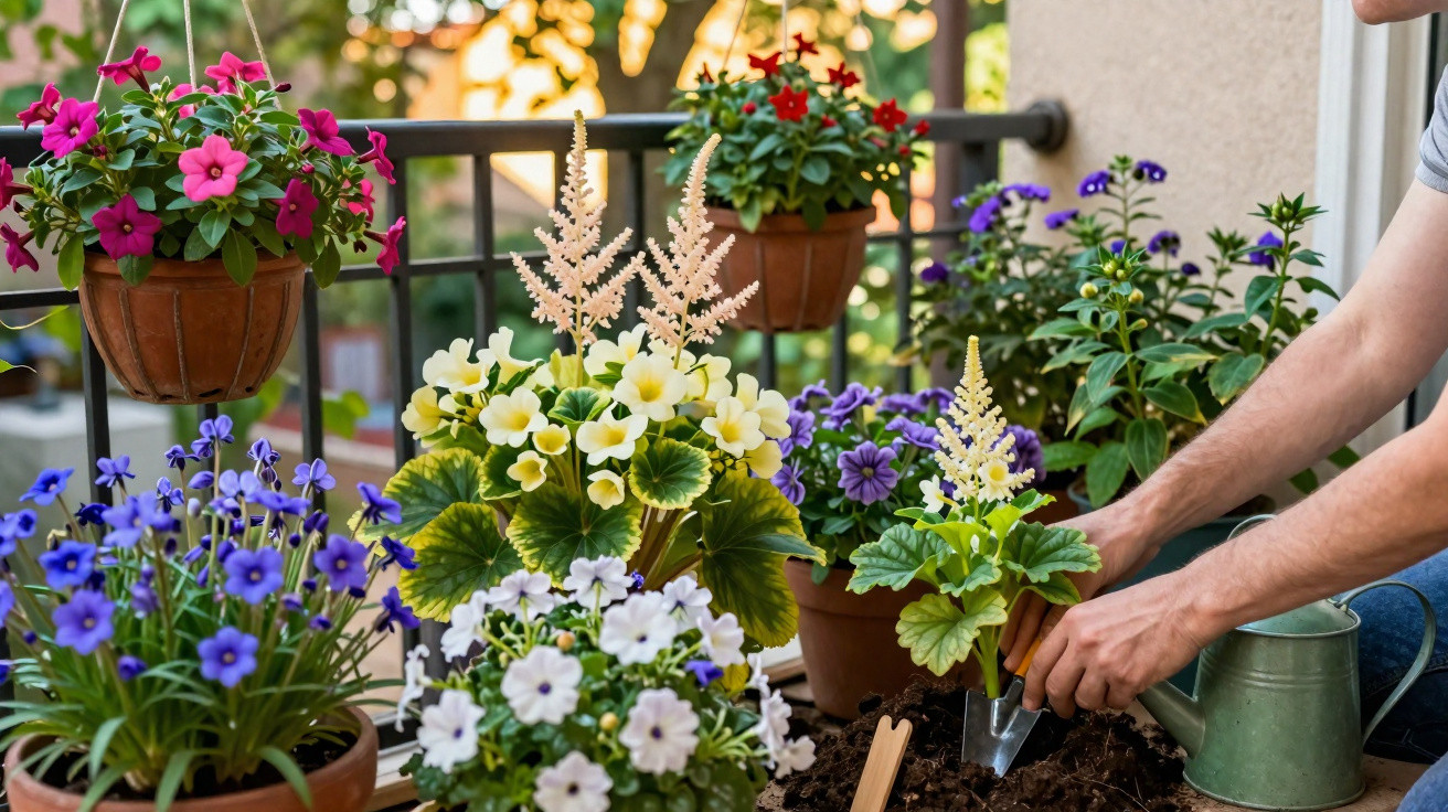 Person planting flowers in pots on a balcony with colourful blooming plants and a green watering can nearby.