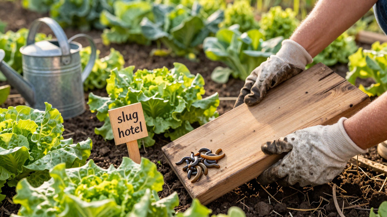 Gardener wearing gloves lifting wooden board with slugs from soil near lettuce and a 'slug hotel' sign.