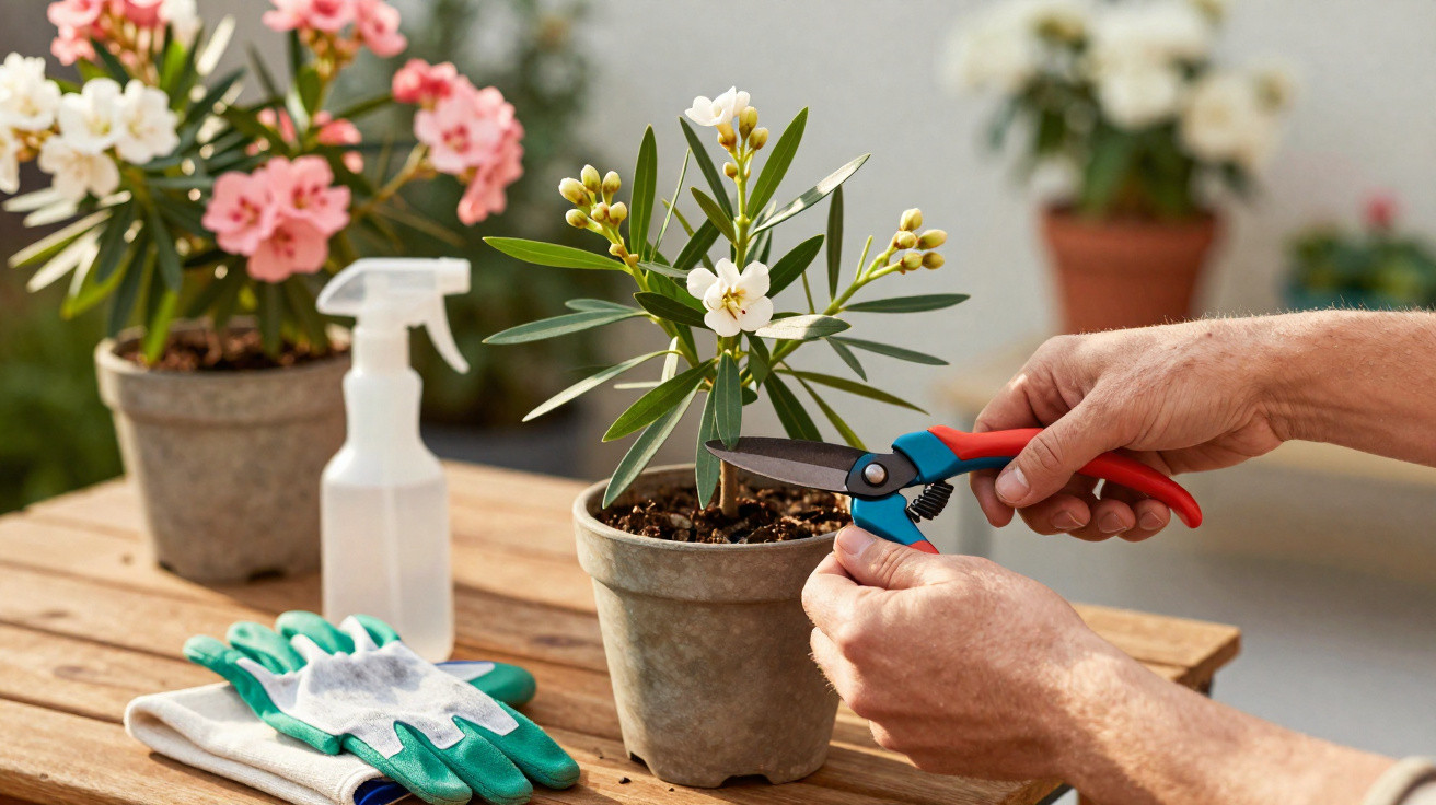 Person pruning a white flowering plant in a pot on a wooden table with gardening gloves and spray bottle nearby