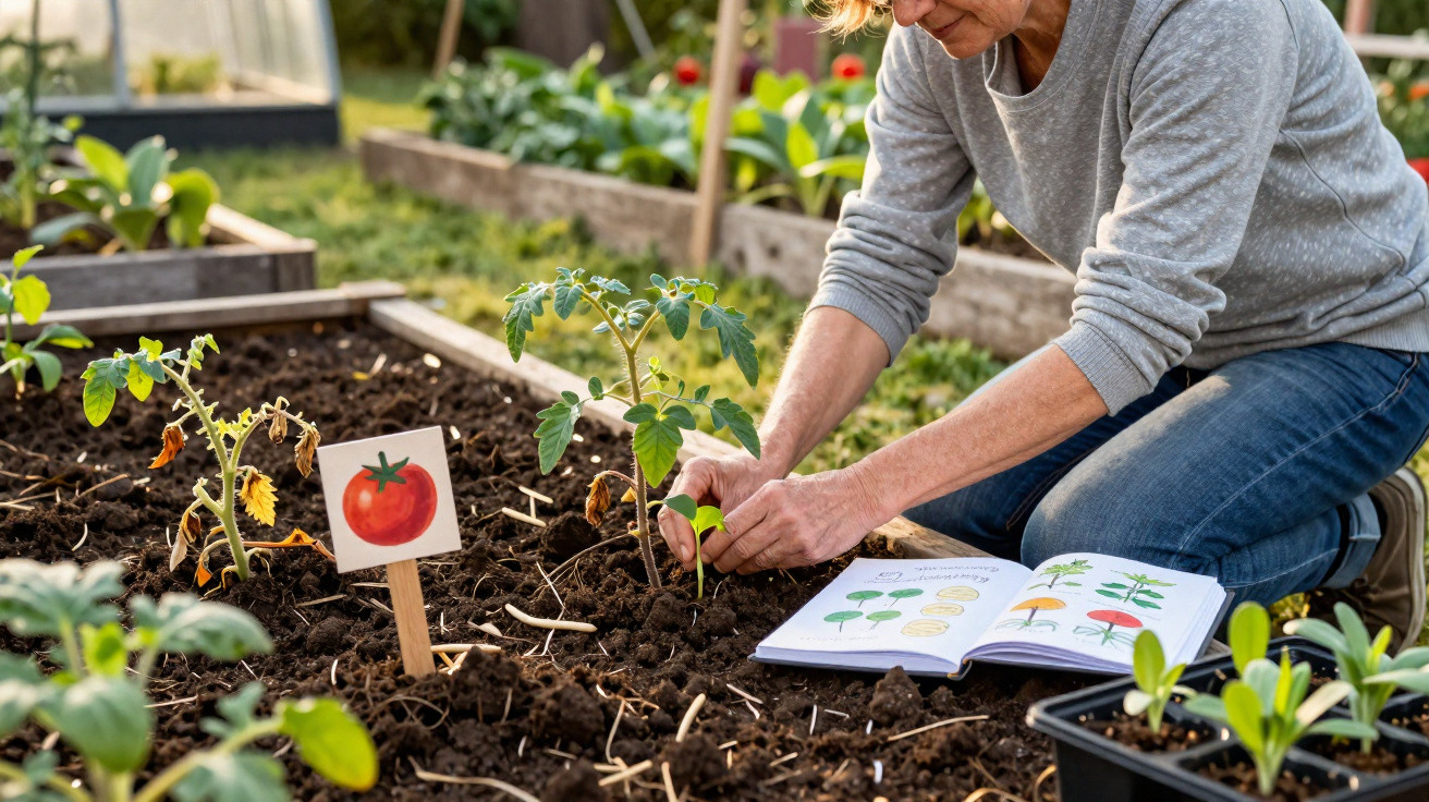 Person planting tomato seedling in garden bed with gardening book and plant marker nearby